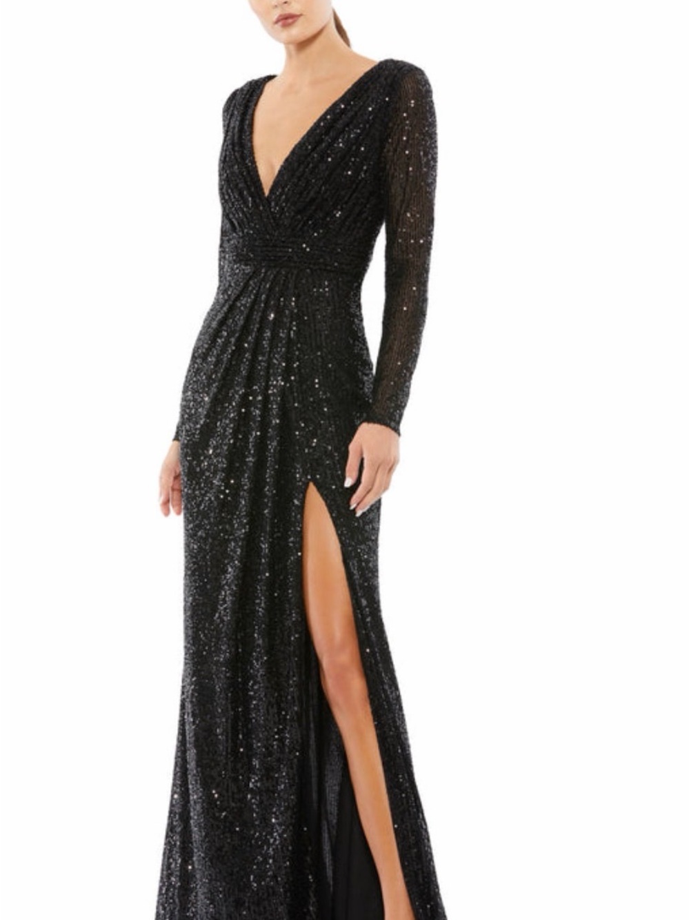 Black Sequin V-Neck Long Sleeve Evening Gown